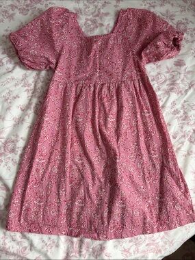 Girls' Rose Pink Floral Puff-Sleeve Casual Dress